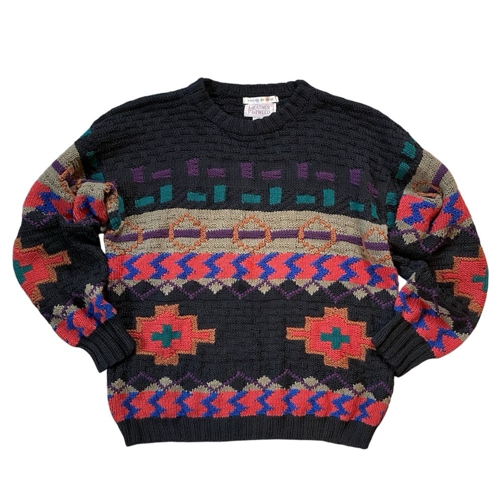 Vintage 90s Heather & Tweed Southwestern Inspired Geometric Knit Sweater